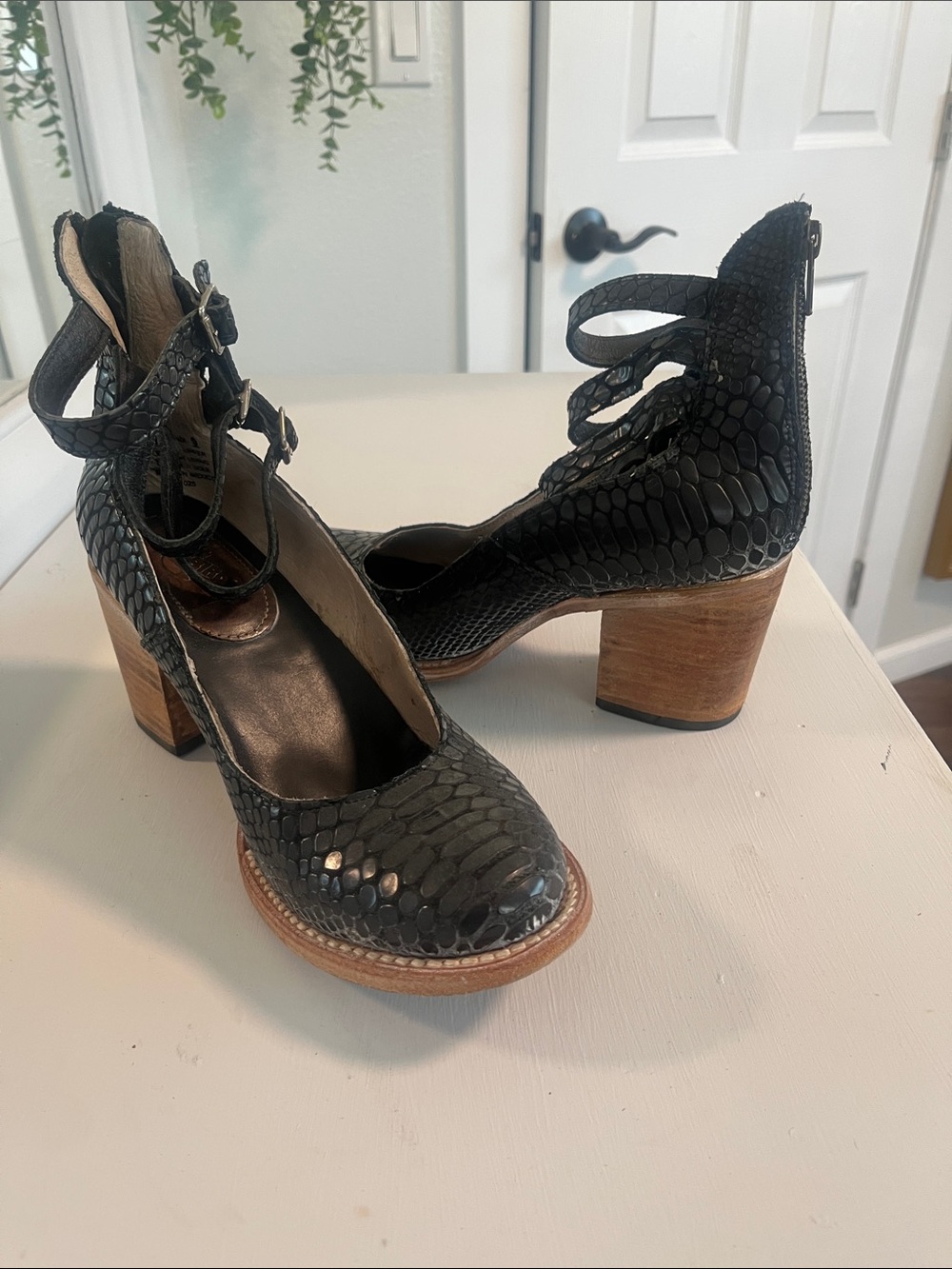 Freebird Textured Black Ankle-Strap Block Heels